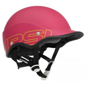 A pink helmet with a yellow logo on it.