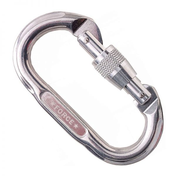 A stainless steel carabiner on a white background.