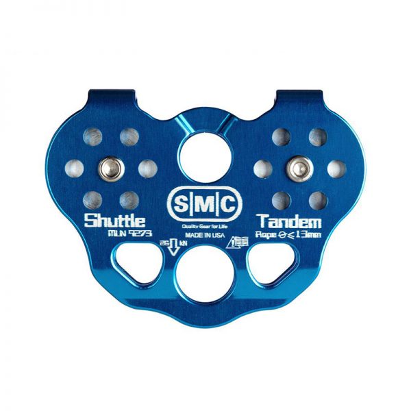 A Shuttle Tandem Pulley, Blue with two holes on it.