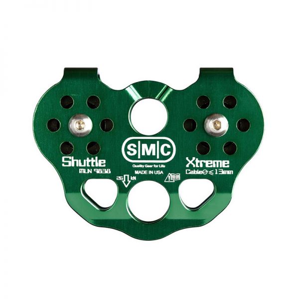 A green plate with the word Shuttle Tandem Pulley, Blue on it.