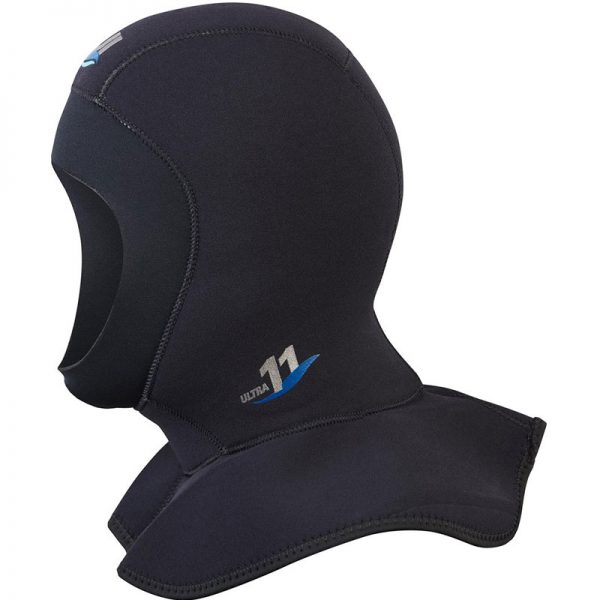 A black hooded neoprene hood with a blue logo has been replaced with CORDURA CARGO POCKET W/ZIPPER PULL.