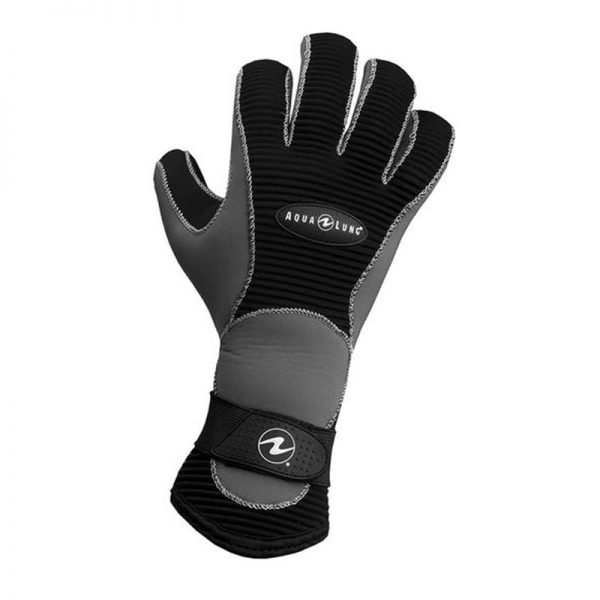 A pair of black and gray Aleutian, 5mm neoprene gloves on a white background.