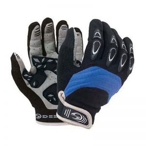 A pair of Barnacle, Black/Black motorcycle gloves with blue and black accents.