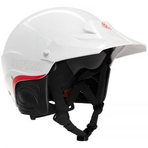 A white helmet with a red stripe on it.