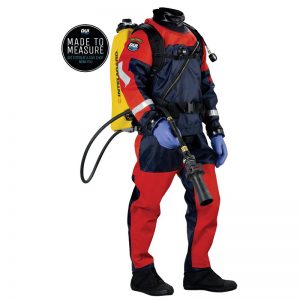 A man in a red and blue diving suit with a hose.