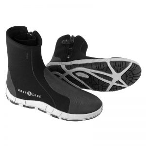 A pair of black and white neoprene boots.