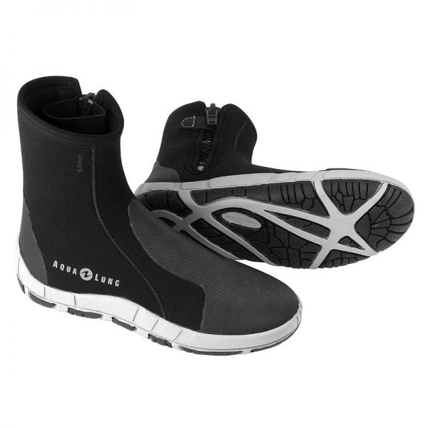 A pair of black and white neoprene boots.