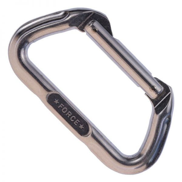 A stainless steel carabiner on a white background.