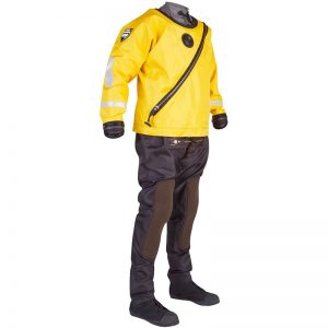 A yellow and black diving suit on a mannequin.
