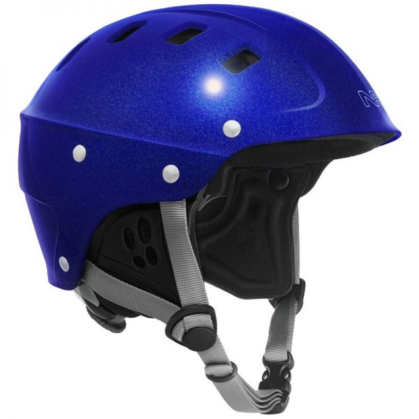 A blue ski helmet on a white background.