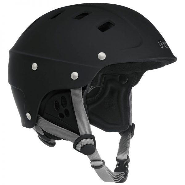 A black ski helmet on a white background.