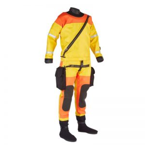 A yellow and orange AAOPS - AIR AMPHIBIOUS OPERATIONS SUIT - DRYSUIT on a mannequin.