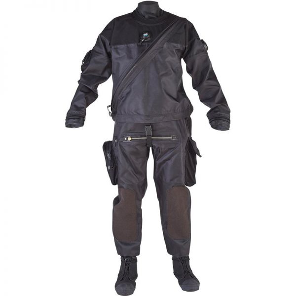A black AAOPS - AIR AMPHIBIOUS OPERATIONS SUIT - DRYSUIT with zippers and pockets.