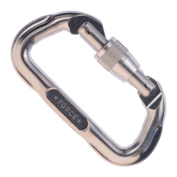 A stainless steel carabiner on a white background.