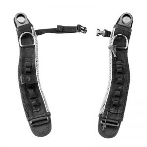 A pair of black straps on a white background.