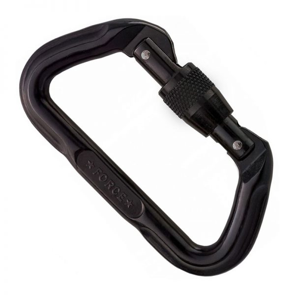 A black carabiner on a white background.