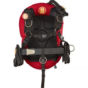 The back of a red and black scuba diving harness.