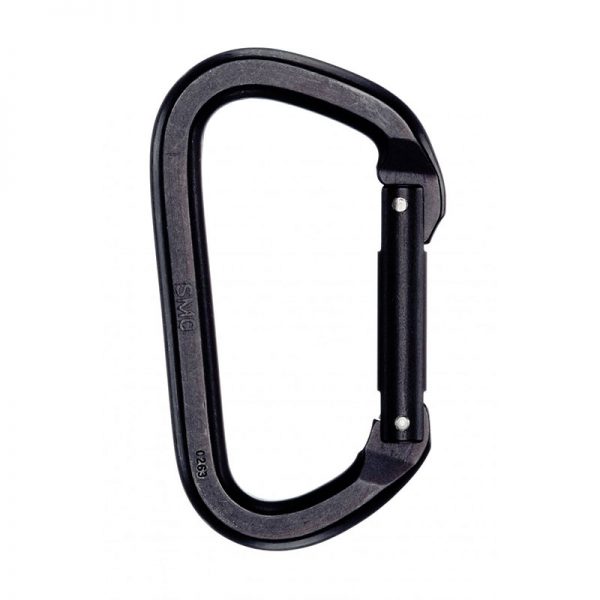 A black carabiner on a white background.