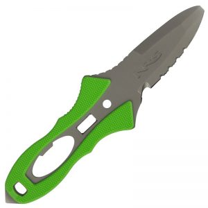 A knife with a green handle on a white background.
