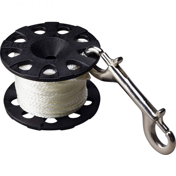 A OMS 75' SPOOL (~23 M OF LINE) WITH SS DOUBLE-ENDER with a hook attached to it.