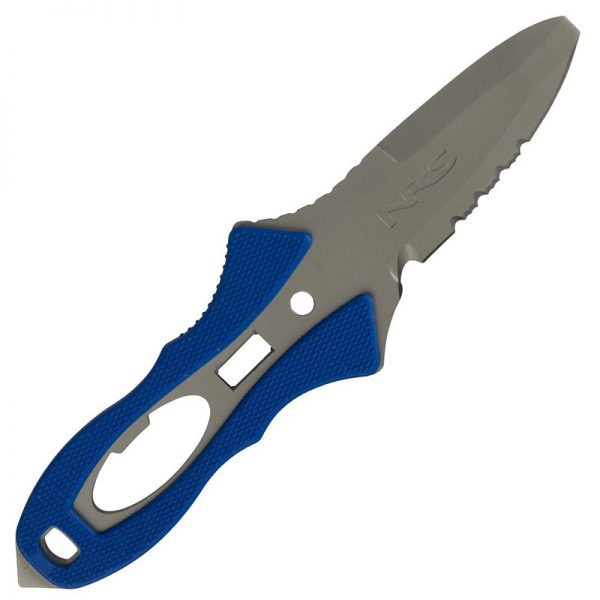 A knife with a blue handle on a white background.