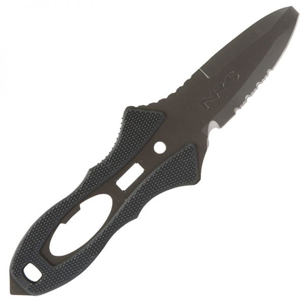 A knife with a black handle on a white background.