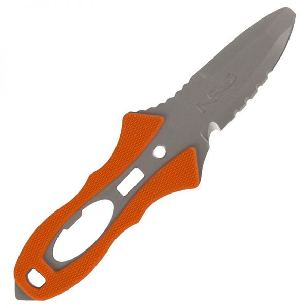 A knife with an orange handle on a white background.