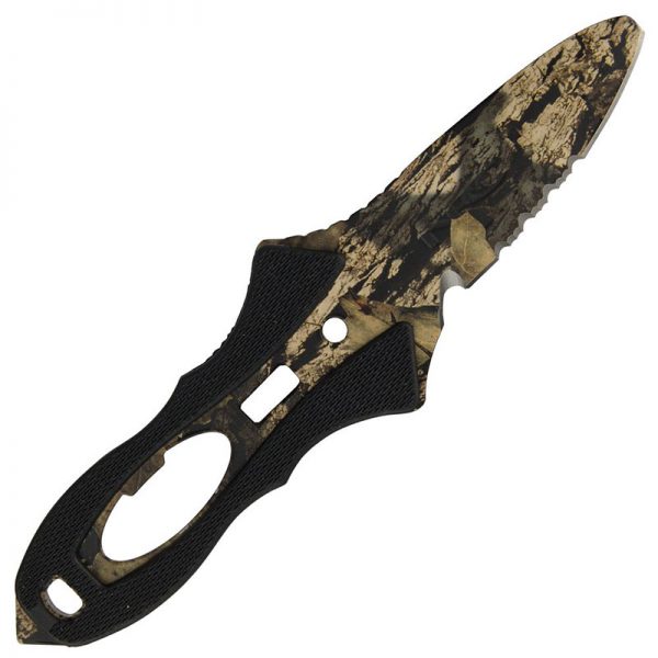 A knife with a camouflage pattern on it.