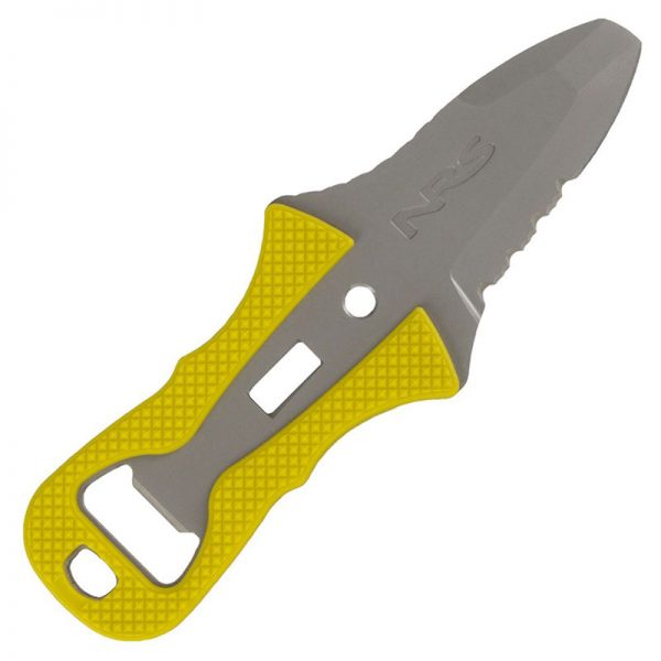 A knife with a yellow handle on a white background.