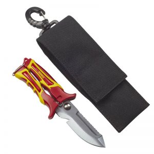 A red and yellow pocket knife with a pouch.