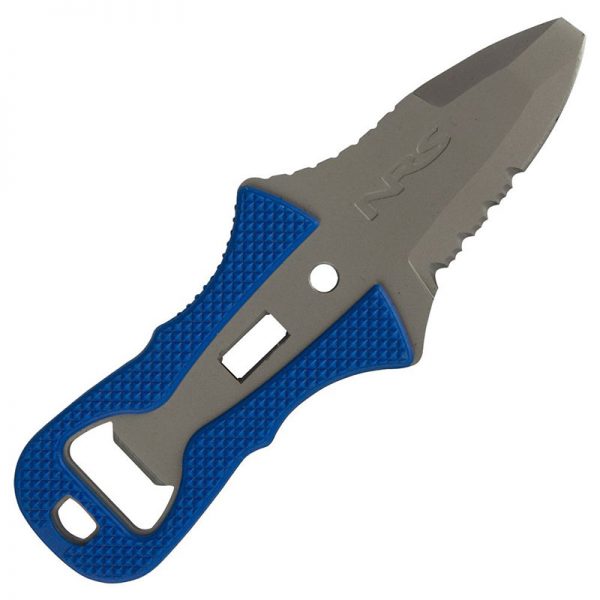A knife with a blue handle on a white background.