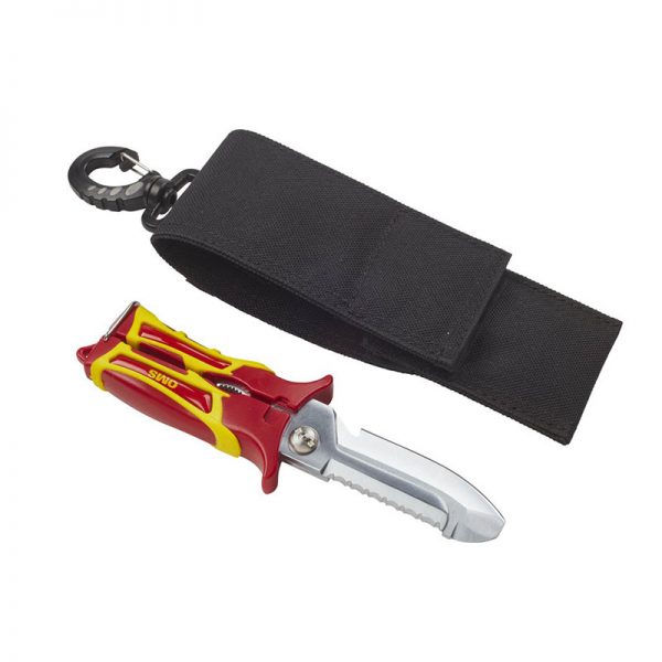 A knife with a red and yellow handle.