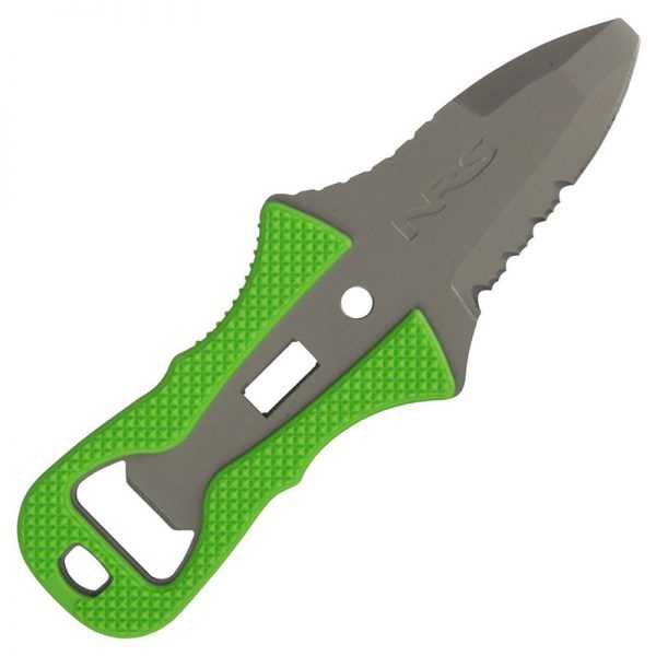 A knife with a green handle on a white background.