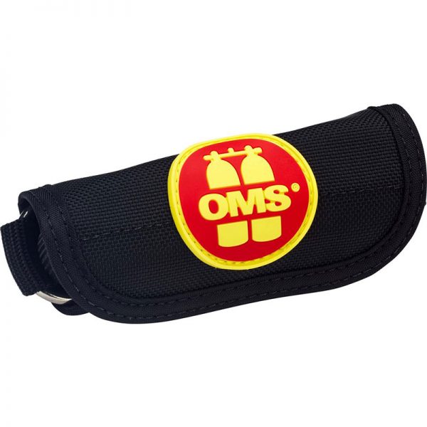 A black pouch with the oms logo on it.