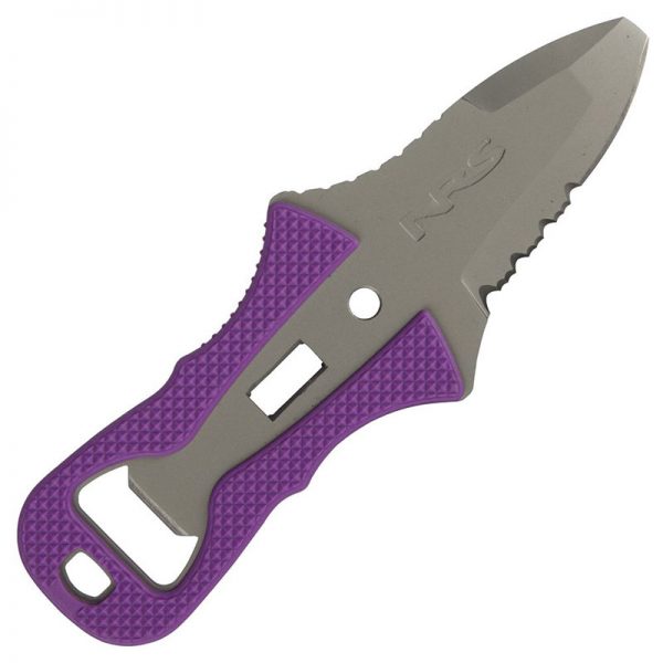 A knife with a purple handle on a white background.