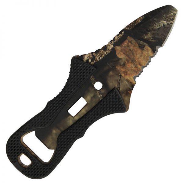 A knife with a camouflage handle on a white background.
