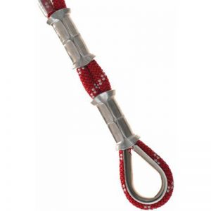 A red and silver 10 mm Sewn Eye with a hook on it.
