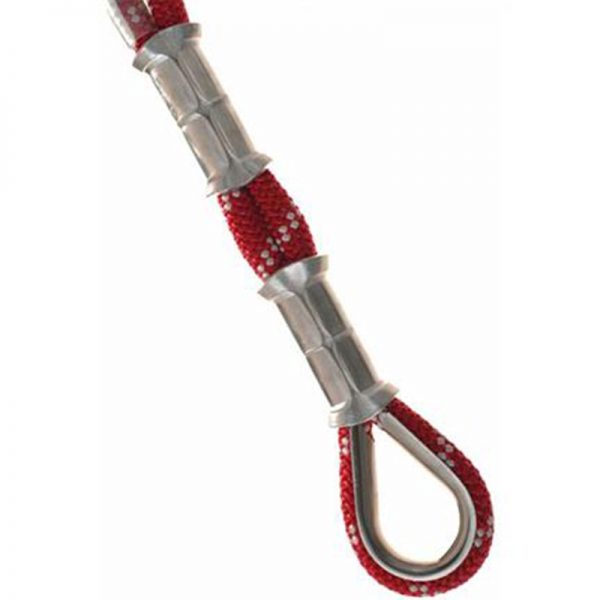 A red and silver 10 mm Sewn Eye with a hook on it.