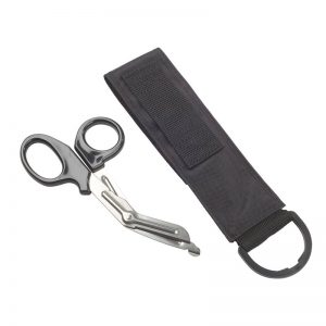 A pair of scissors and a pouch on a white background.