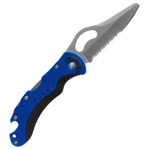 A blue and black folding knife on a white background.