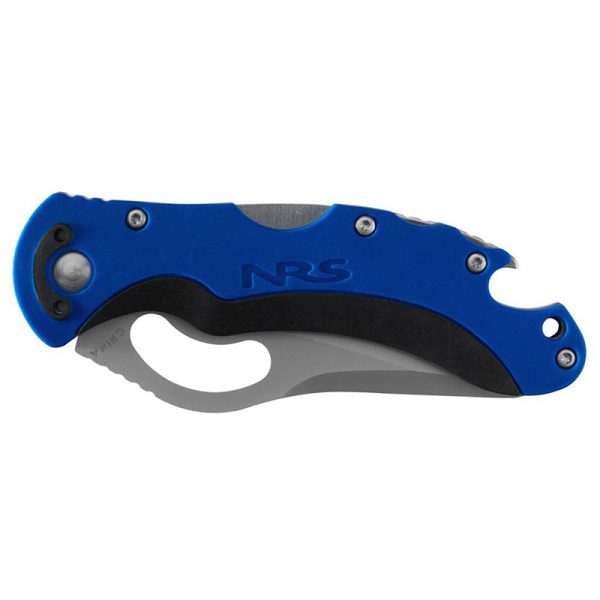 A knife with a blue handle and a black handle.