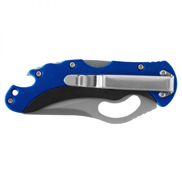 A blue folding knife on a white background.