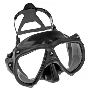The Teknika - Black/Black Silicone scuba mask on a white background.