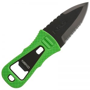 A green knife with black handles on a white background.