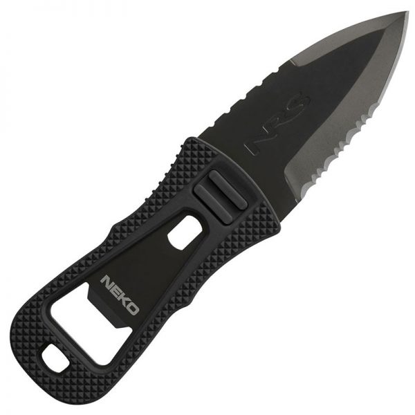 A knife with a black handle on a white background.