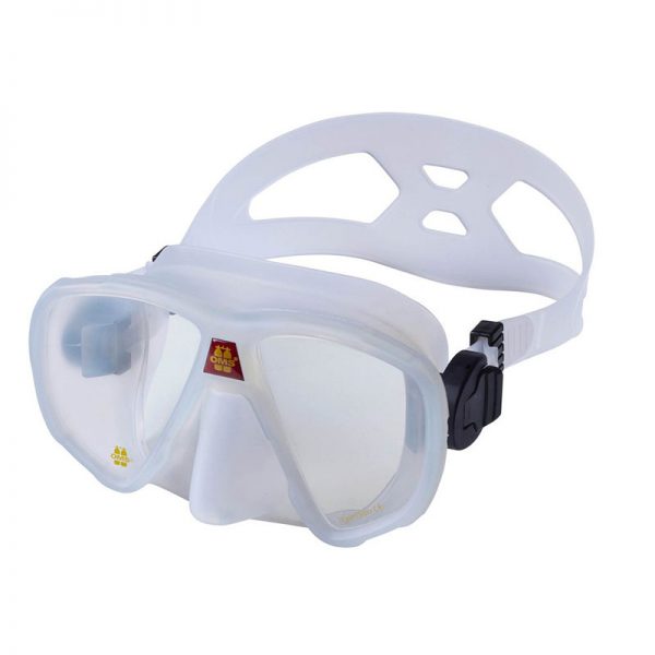 A OMS ONE WINDOW FRAMELESS MASK BLACK SKIRT with clear lenses on a white background.