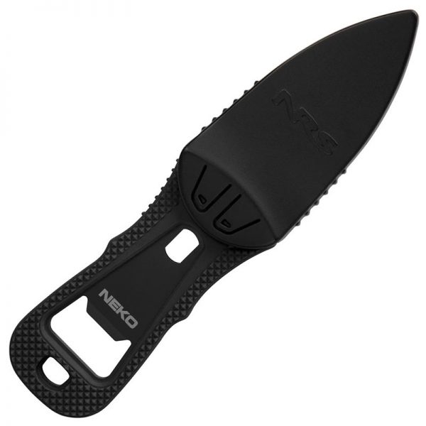 A knife with a black handle on a white background.