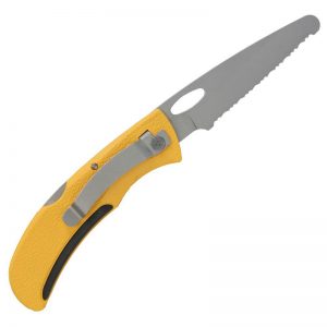 A yellow and black knife on a white background.