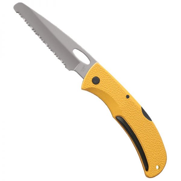 A yellow knife with black handles on a white background.
