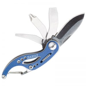 A blue tool with two blades on a white background.